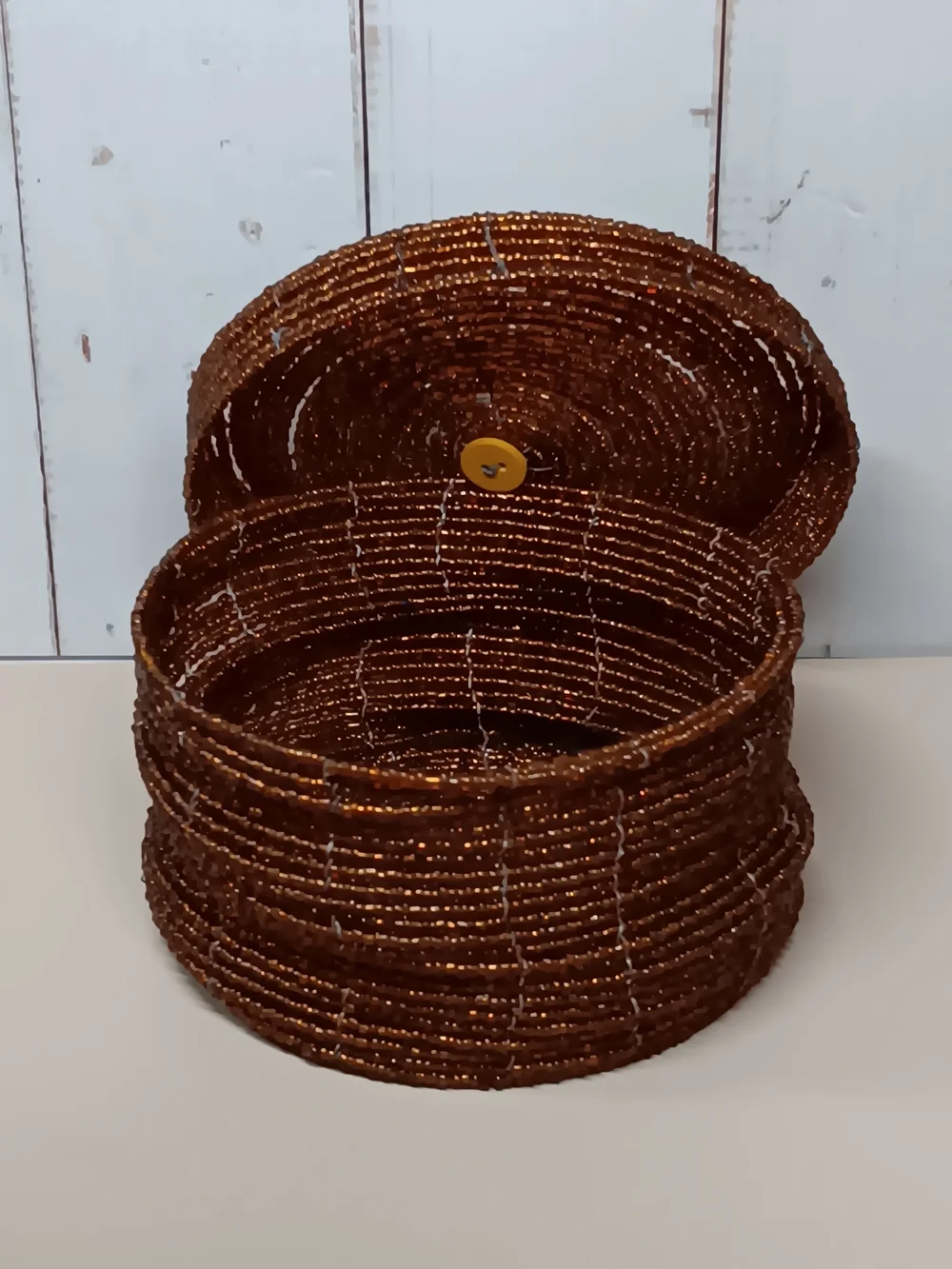 Hand Crafted Copper Brown Beaded Lidded Basket 4